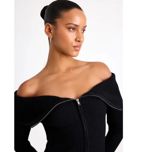 New Lulu’s Elegant Aura Black Off-Shoulder Zip Front Sweater Dress Sz XL - Picture 2 of 7